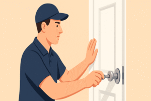 Illustration eines Schlüsseldienst-Mitarbeiters, der eine Tür öffnet